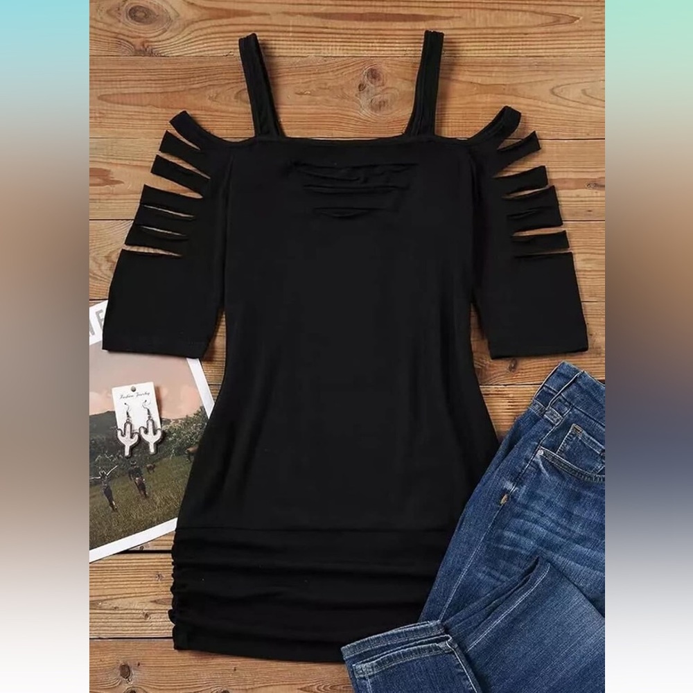 Cut Out Cold Shoulder Shirt Women Lacerated Sleeve Shirt